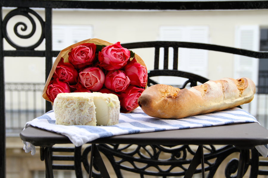 Julia Willard, Julie Willard, Valentine's Day, roses, pink flowers, Paris, France, Paris photography, Paris balcony, baguette, French cheese