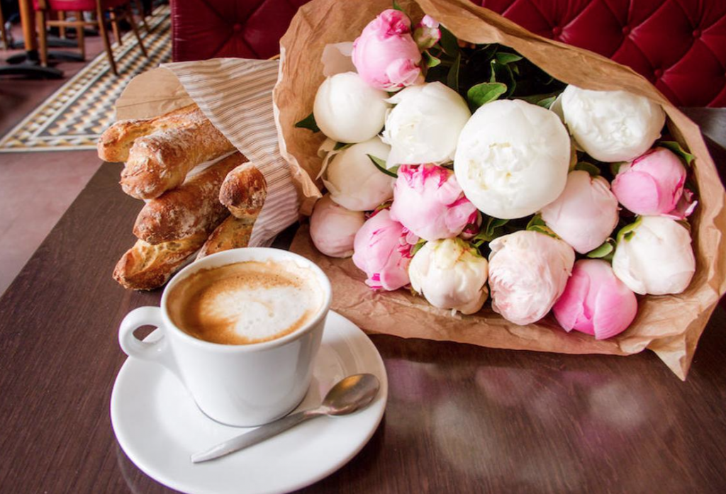 Julia Willard, Falling Off Bicycles, courtyard, France, France photography, bouquet of flowers, peonies, café photo Paris, baguette photo