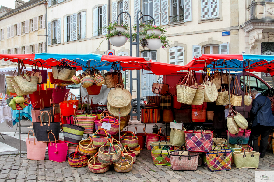 Colorful hand-woven bags at street market