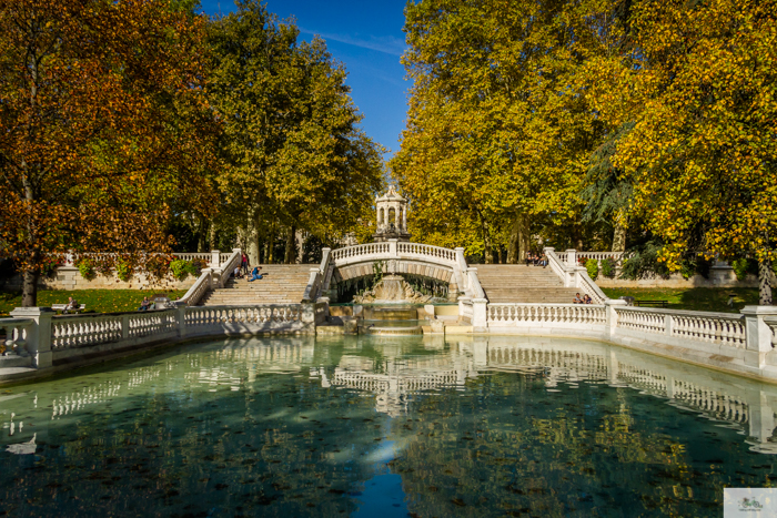 Autumn trees border the Fontaine du Jardin Darcy on a sunny day