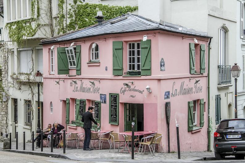 Julia Willard, Classic Parisian Maison Rose façade, pink restaurant façade, fine art paris photography, travel photo, wall decor, Paris
