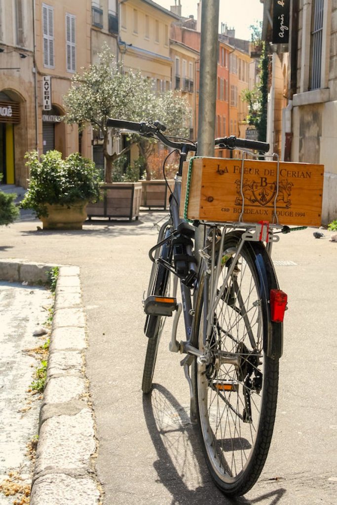 Julia Willard, Falling Off Bicycles, Wine bicycle in Aix-en-Provence, fine art paris photography, bicycle photo, wall decor