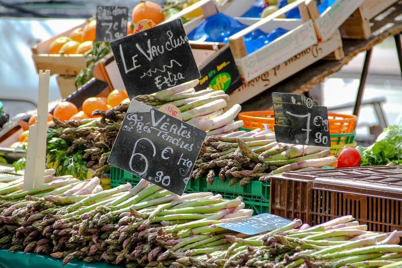 Julia Willard, Falling Off Bicycles, Green asparagus at Paris market, fine art food photography, kitchen decor, farmer\'s market photography, green photo