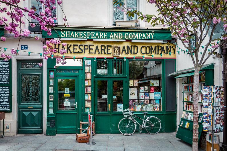 Julia Willard, Falling Off Bicycles, Shakespeare & Co. in Spring, Classic Parisian florist façade, fine art paris photography, travel photo