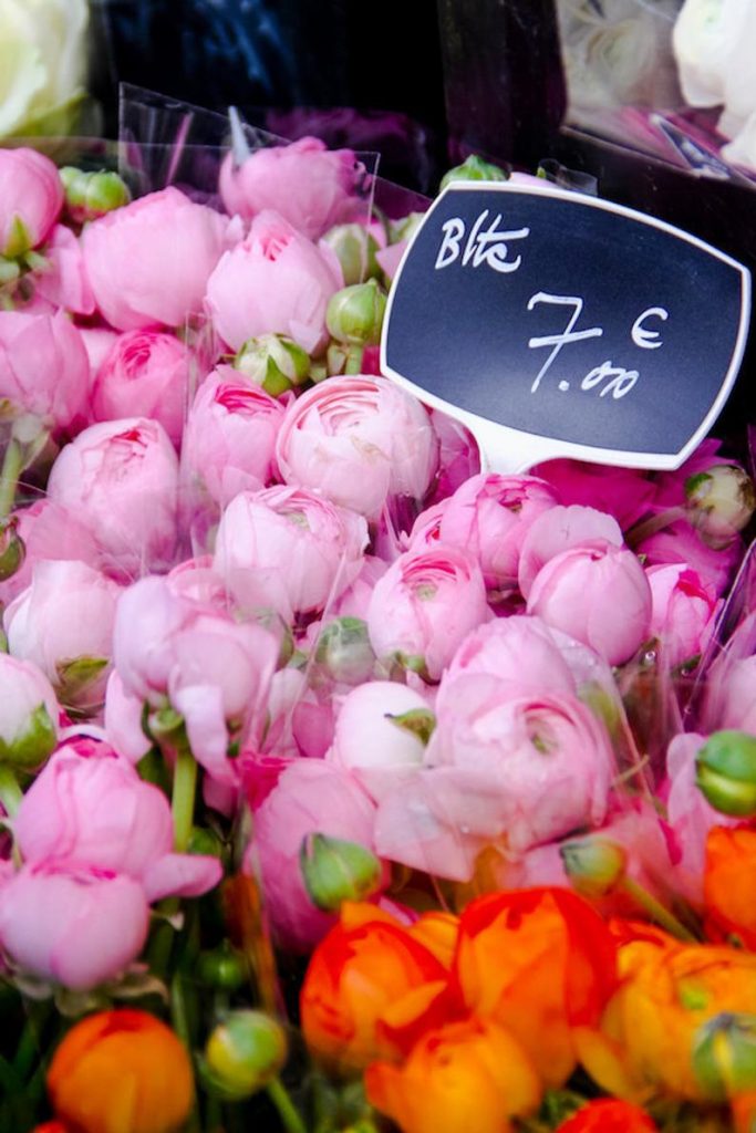 Julia Willard, Falling Off Bicycles, Paris flower photo, fine art Paris photography, Valentine\'s Day photography, wall decor, pink ranunculus bouquets