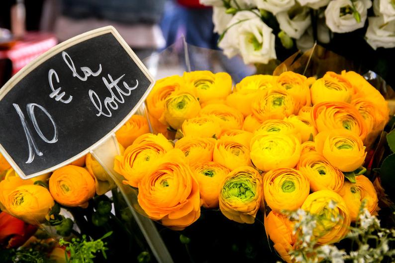 Julia Willard, Falling Off Bicycles, Paris flower photo, fine art Paris photography, yellow floral photography, wall decor, ranunculus bouquets