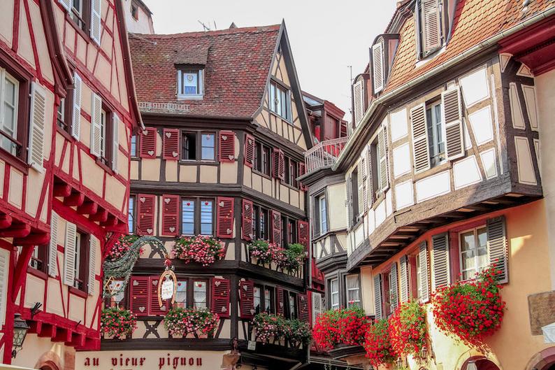 Colorful Colmar Alsace, France photo, Falling Off Bicycles travel photo, red fine art photography
