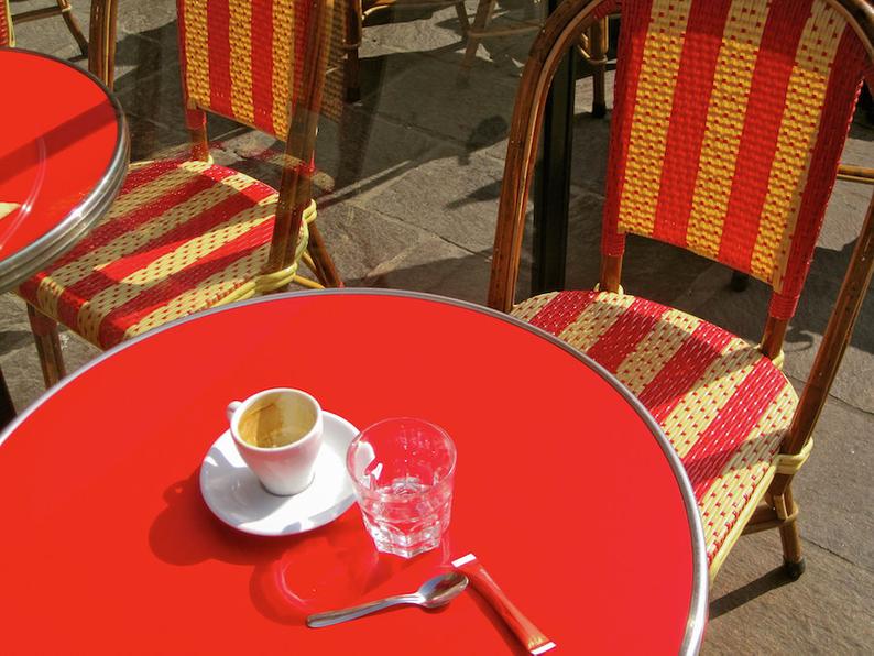 Julia Willard, Julie Willard, Falling Off Bicycles, Red café table Paris, Fine art Paris photography, red photo, travel photo, wall decor