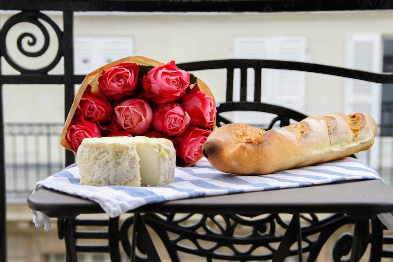 Julia Willard, Falling Off Bicycles, Baguette in Paris, roses on the balcony, fine art paris photography, travel photo, wall decor