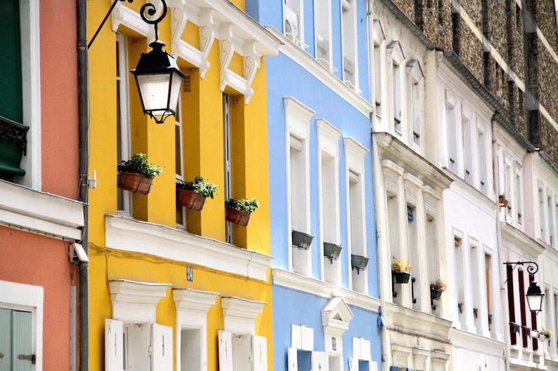 Falling Off Bicycles, Julia Willard, Rue Crémieux Paris colorful photo, fine art paris photography, colorful façades Paris, travel photo, wall decor