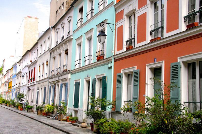 Rue Crémieux Paris colorful photo, fine art paris photography, colorful façades Paris, travel photo, wall decor, Julia Willard, Julie Willard, Falling Off Bicycles