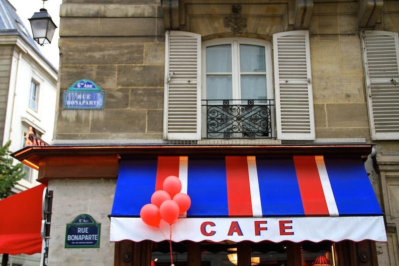 Paris red balloon photo, fine art Paris photography, travel photo, wall decor, Cafe Bonaparte Paris, Julia Willard, Falling Off Bicycles