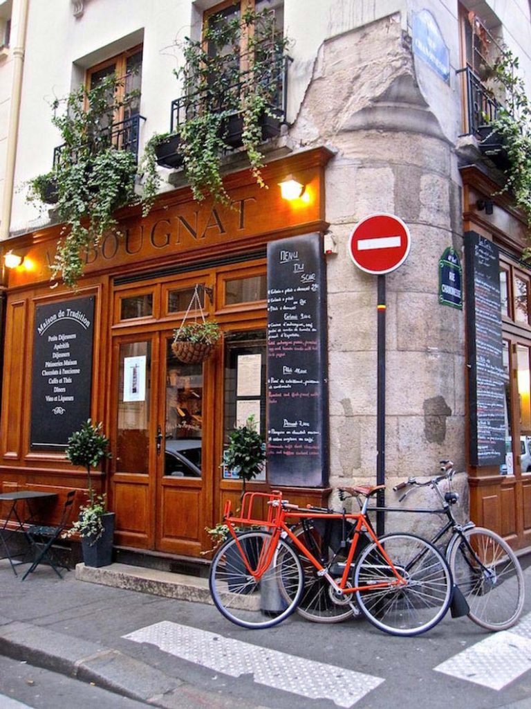Au Bougnat photo, Paris restaurant, bicycle photo fine art paris photography, travel photo, wall decor