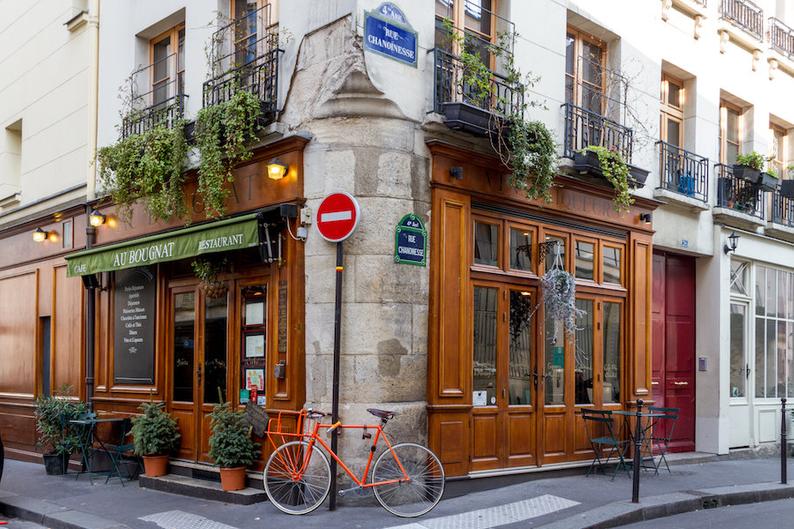 Au Bougnat photo, Paris restaurant, bicycle photo fine art paris photography, travel photo, wall decor, Julia Willard, Julie Willard