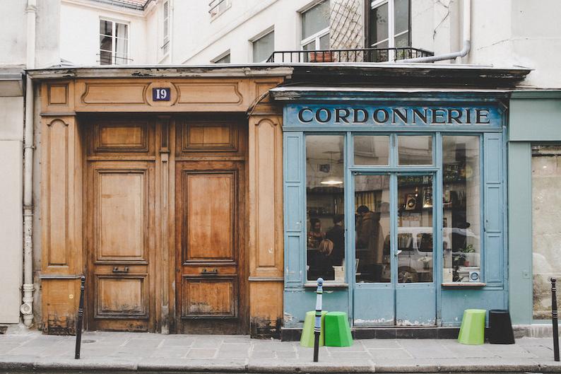 Boot Café Paris, fine art paris photography, storefront photograph by Falling Off Bicycles, blue façade