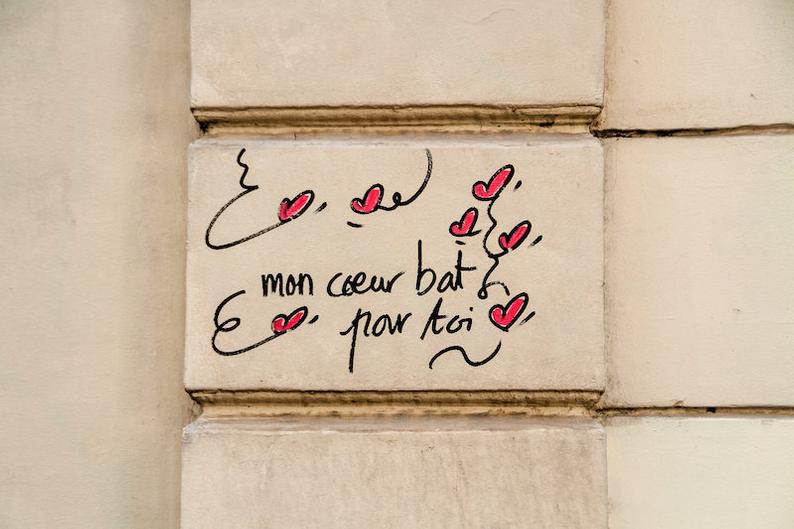 French saying façade, pink Paris Valentine words, sweet graffiti words by Falling Off Bicycles, Valentine\'s Day