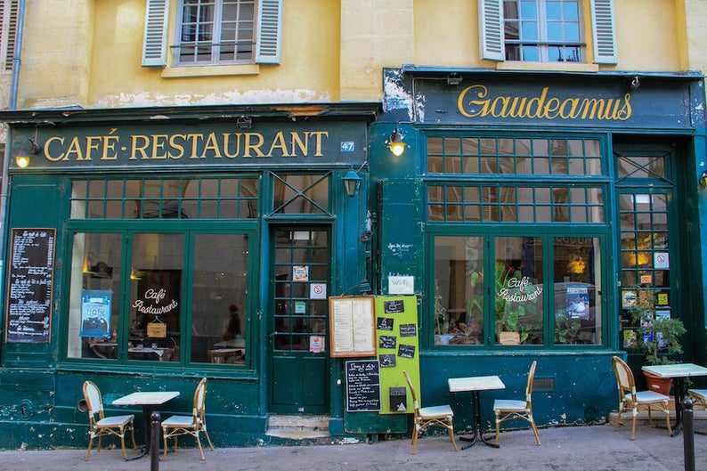 Café restaurant Paris, fine art Paris photography, storefront photograph, travel photo, wall decor, Julia Willard, Julie Willard, Falling Off Bicycles