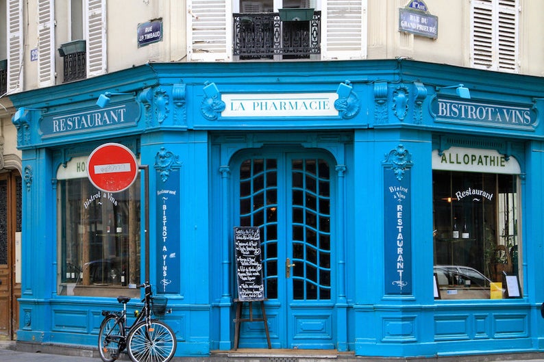 Café La Pharmacie Paris, fine art paris photography, storefront photograph, travel photo, wall decor, blue façade, Julia Willard, Julie Willard, Julia Arias, Falling Off Bicycles