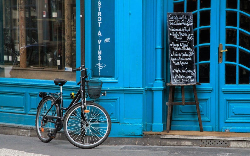 Café La Pharmacie Paris, fine art paris photography, storefront photograph, travel photo, wall decor, blue façade, Julia Willard, Falling Off Bicycles, Façades, bike photography