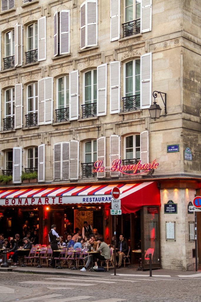 Paris Café Bonparate photo, dusk fine art Paris photography, travel photo, café life Paris, Julia Willard, Falling Off Bicycles