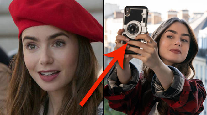 Emily in Paris wearing a red beret on the left and taking a selfie on the right.