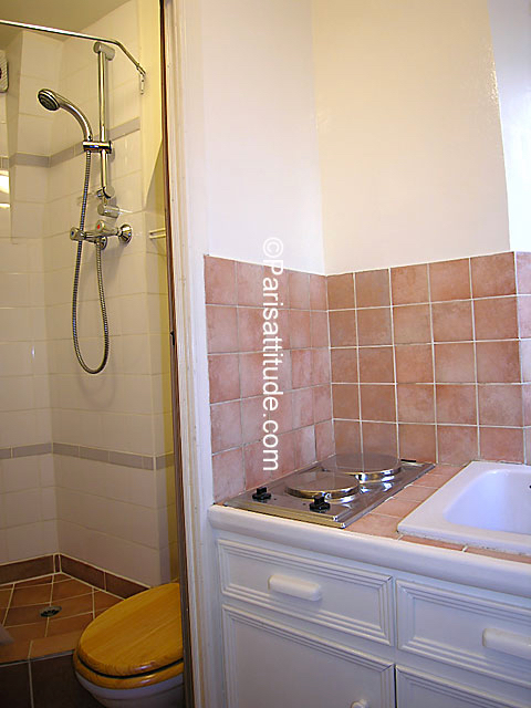 Bathroom and shower of Paris studio apartment